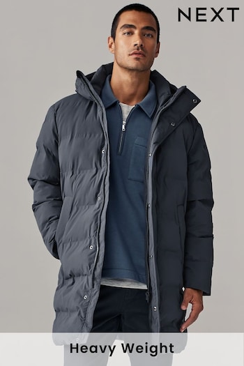 Steel Blue Long Length Shower Resistant Heatseal Hooded Puffer Coat (646087) | £85