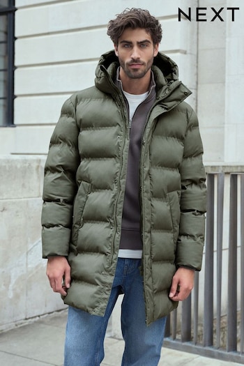 Sage Green Long Length Shower Resistant Heatseal Hooded Puffer Coat (646244) | £85