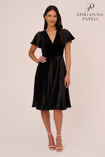 Adrianna Papell Velvet Pleated Black Midi Dress (646526) | £169