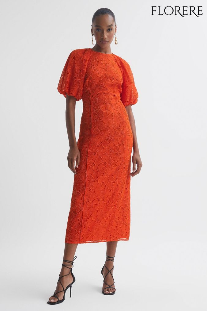 Orange lace midi online dress