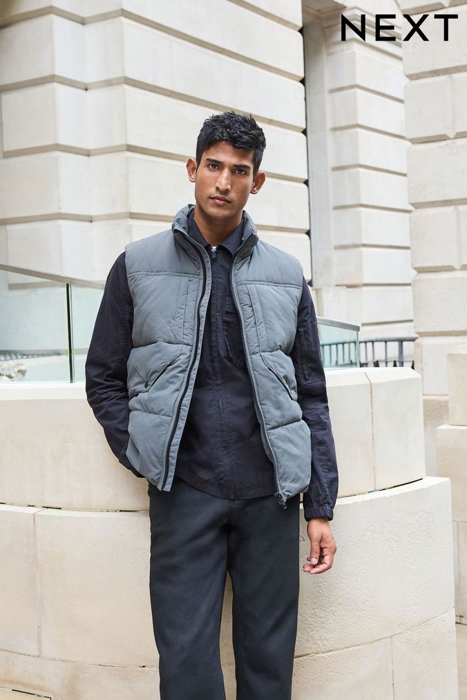 Mens Grey Gilets Grey Quilted Hooded Gilets Next UK