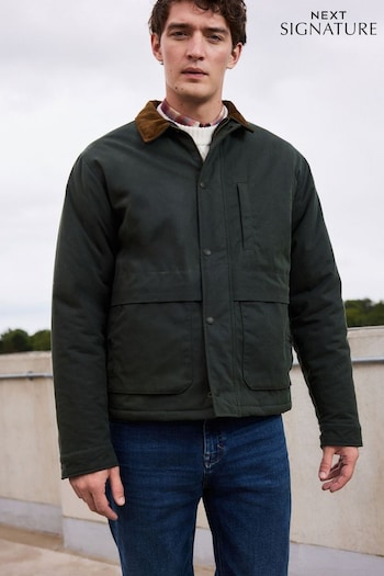 Khaki Green Signature Wax Coated Jacket with Corduroy Collar (647370) | £130