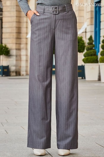 Sosandar Grey Pinstripe Belted Wide Leg Trousers (647405) | £45