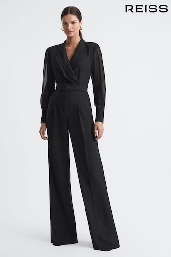 Reiss Black Flora Sheer Belted Double Breasted Jumpsuit (647649) | £238