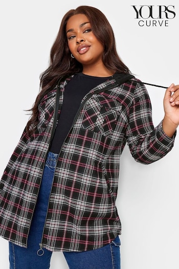 Yours Curve Black Hooded Zipped Check Shirt (647869) | £33
