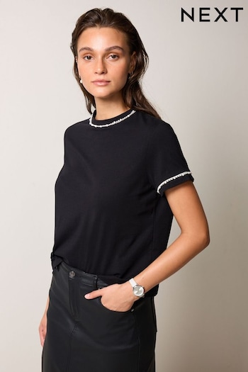 Black Short Sleeve Pearl Trim T-Shirt (647976) | £26