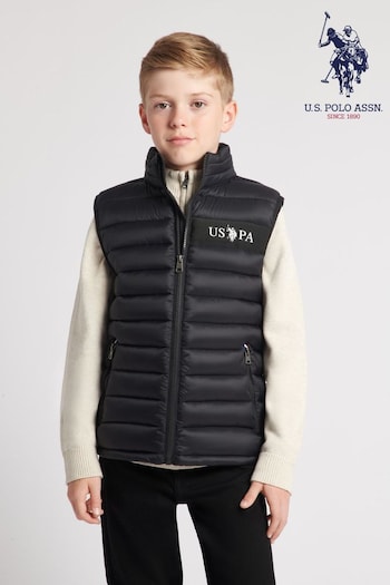 U.S. Polo notch-lapel Assn. Boys Lightweight Quilted Tape Black Gilet (648134) | £60 - £72