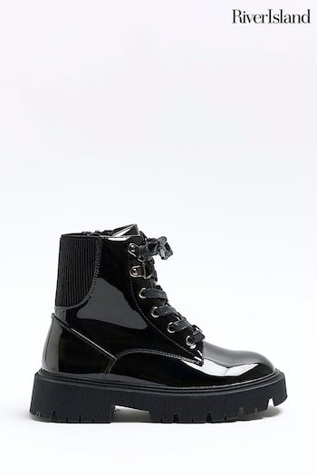 River Island Black Wide Fit Chunky Hiker Lace-Up core Boots (648686) | £32