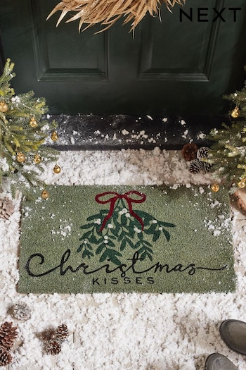 Sage Green Mistletoe Christmas Kisses Doormat (649316) | £16