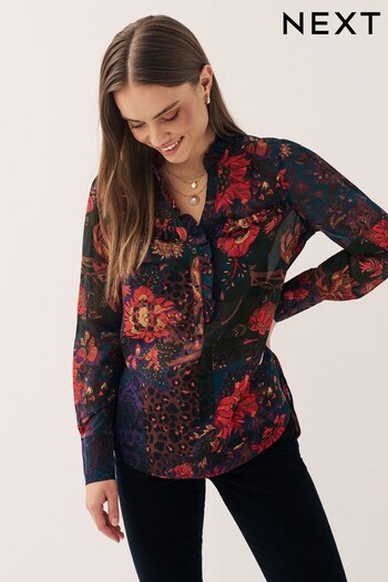 Purple Floral Patch Print Long Sleeve Ruffle Blouse (649793) | £28