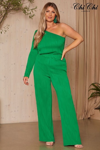 Chi Chi London Green One Shoulder Long Sleeve Swirl Plisse Jumpsuit (649922) | £40