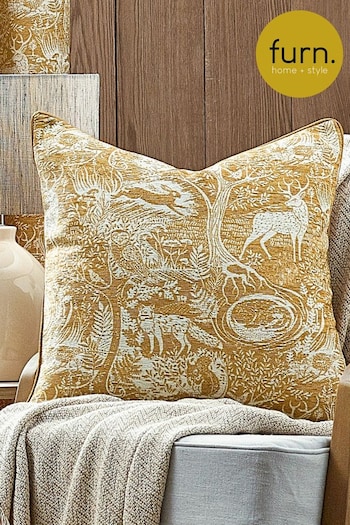furn. Ochre Yellow Winter Woods Animal Chenille Cushion (650411) | £26