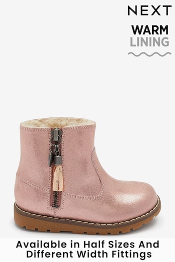 Rose Gold Pink Wide Fit (G) Warm Lined Tassel Detail Zip Boots (650425) | £28 - £32