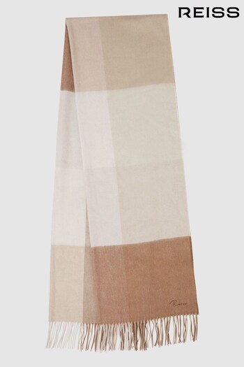 Reiss Camel Leyton Wool Blend Check Embroidered Scarf (650601) | £78