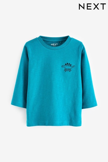 Turquoise Blue Dino 100% Cotton Long Sleeves Semi Plain T-Shirt (3mths-7yrs) (650725) | £4 - £6