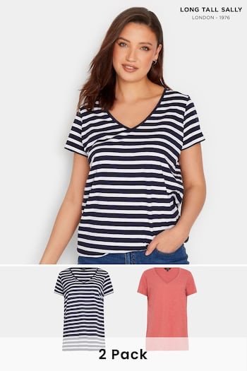 Long Tall Sally Navy Blue & Coral Pink Stripe 2 Pack Short Sleeve T-Shirts (651082) | £23