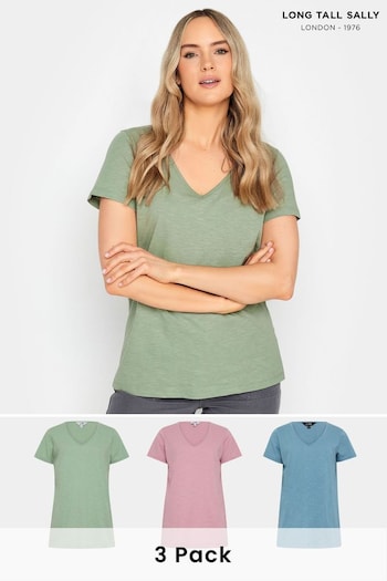 Long Tall Sally Sage Green/Pink V-Neck T-Shirts fit 3 Pack (651127) | £33