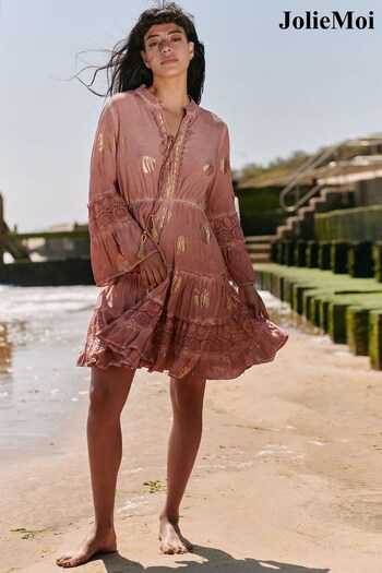 Jolie Moi Pink 3/4 Sleeve Crochet Trim Holiday Midi Dress (651789) | £65