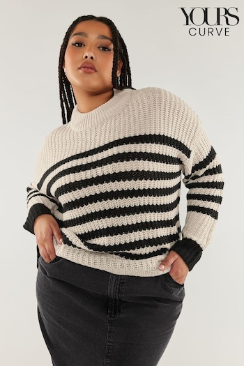 Yours Curve White/Green Chunky Knitted Stripe Jumper (651862) | £29