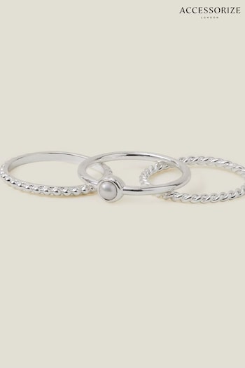 Accessorize Sterling Silver Plated Pearl Stacking Rings  3-Pack (652218) | £18
