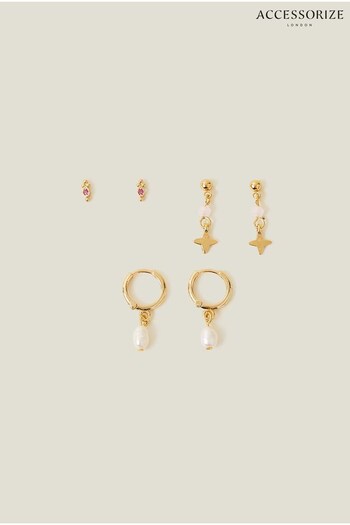 Accessorize Pink 14ct Gold-Plated Pearl Earrings 3 Pack (652504) | £18