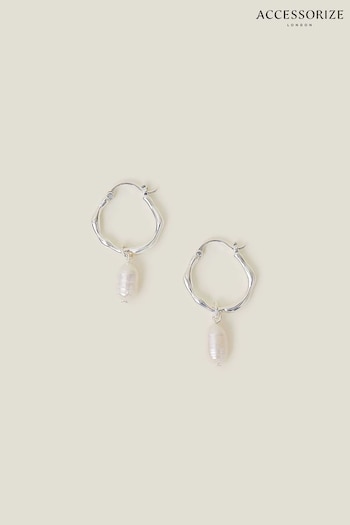 Accessorize Sterling Silver Plated Molten Pearl Drop Hoops (652905) | £18