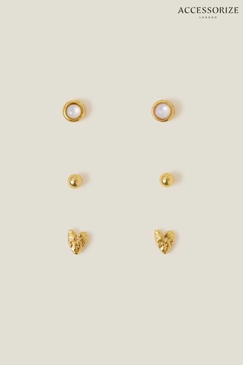 Accessorize 14ct Gold-Plated Heart Stud Earrings 3 Pack (653176) | £18