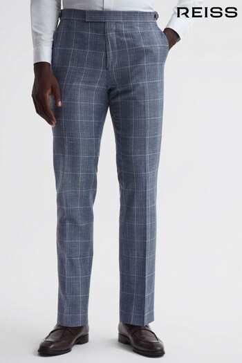 Reiss Indigo Aintree Slim Fit Wool Linen Check Trousers (653410) | £198