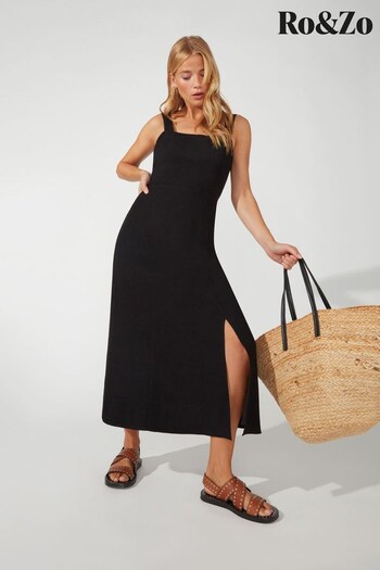 Ro&Zo  Viscose Linen Strappy Black Cami Dress (653415) | £89