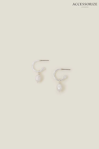 Accessorize Sterling Silver Chunky Pearl Drop Hoops (653441) | £14