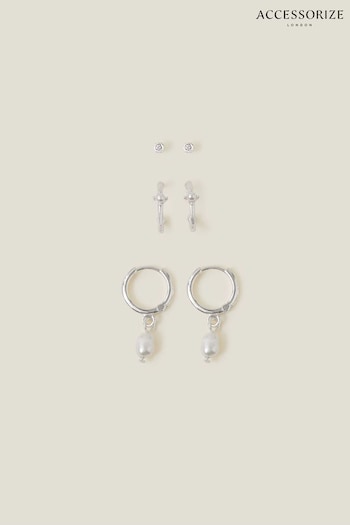 Accessorize Sterling Silver Pearl Stud and Hoop Earrings (653536) | £18
