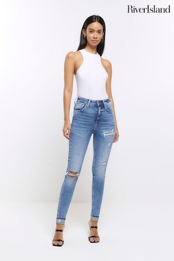 River Island Blue High Rise Ripped Skinny Jeans move (653602) | £47