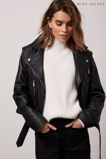 Mint Velvet Black Leather Biker Jacket (654631) | £299