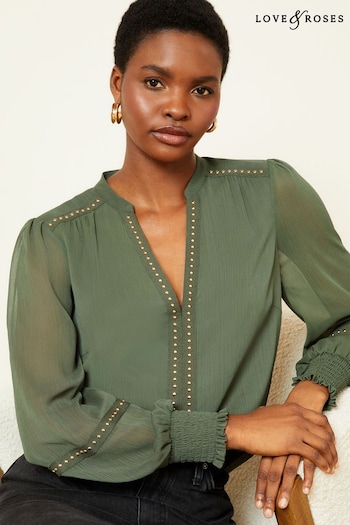 Tops & T-shirts Khaki Green Printed V Neck Long Sleeve Hardware Blouse (655222) | £36