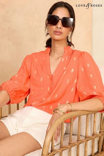 All Womens Sportswear Orange Ruffle V Neck 3/4 Sleeve Button Up Blouse (655287) | £35