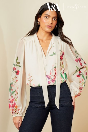 V&A | Love & Roses Ivory White Printed Pussy Bow V Neck Button Through Long Sleeve Blouse (655405) | £44