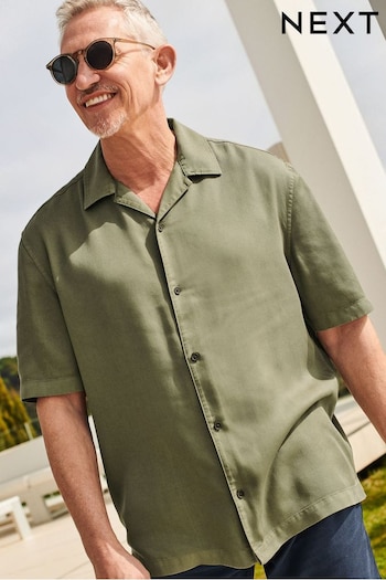 Green Tencel™ Lyocell Short Sleeve Shirt with Cuban Collar (657226) | £30