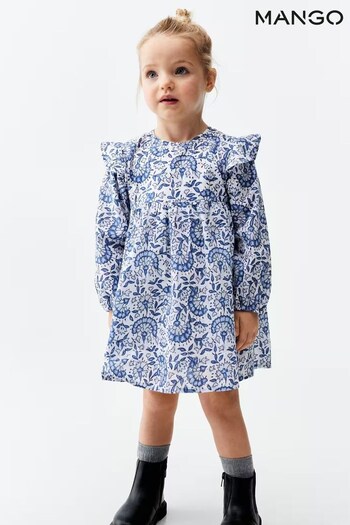 Mango Blue Paisley Printed Dress with Ruffle Shoulder (657238) | £26