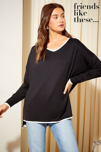 Food & Drink Black/White Tipped Petite Soft Jersey V Neck Long Sleeve Tunic Top (657501) | £24
