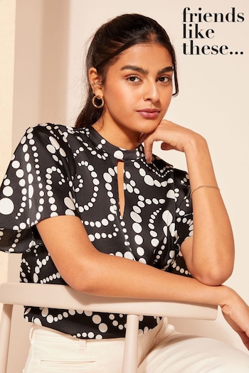 Clear All Filters Black Spot Printed Flutter Sleeve Keyhole Blouse (657511) | £30