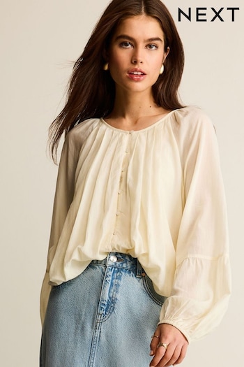 Cream Pleat Front Button Through Long Sleeve Blouse (657871) | £34