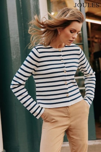 Joules Constance Cream & Navy Striped Cotton Cardigan (658841) | £69.95