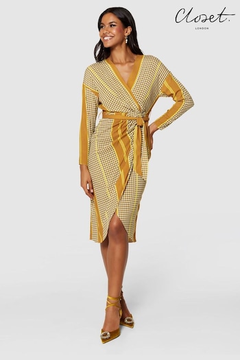 Closet London Brown Long Sleeve Wrap  Pencil Dress (659003) | £85