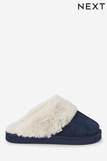 Navy Suede Faux Fur Lined Mule Slippers (659483) | £23