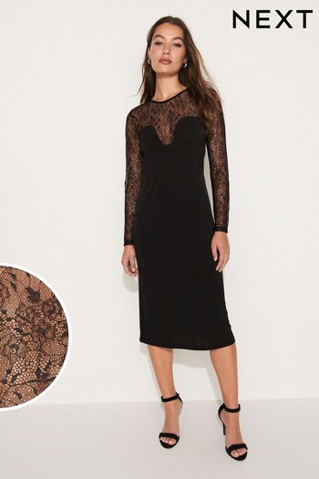 Black Long Sleeve Lace Detail Midi Dress (659644) | £42