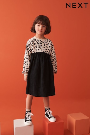 Neutral Animal/ Charcoal Grey Sweat Dress With Crinkle Skirt (3-16yrs) (659781) | £15 - £20