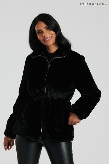South Beach Black Faux Fur Jacket with Waits Ties (660013) | £59