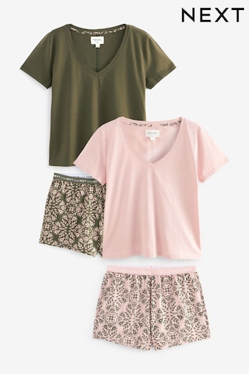 Khaki/Pink Short Sleeve Cotton Pyjama Sets 2 Pack (660374) | £30