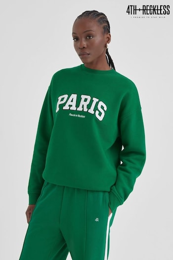 4th & Reckless Green Otis Boucle Paris Slogan Oversized Sweatshirt (660723) | £40