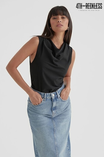 4th & Reckless Black Lexi Jersey Ruched Drape Neck Top (660950) | £28